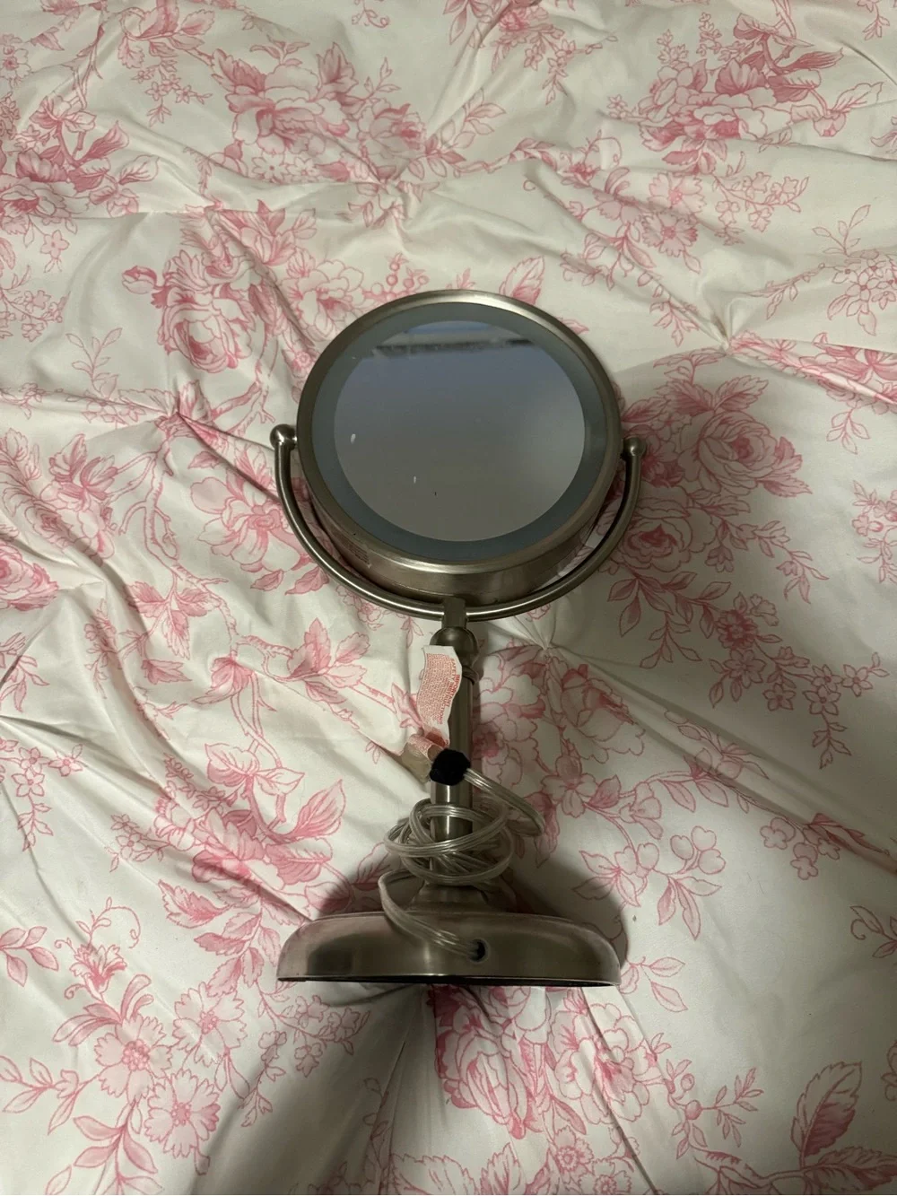 Adjustable Silver LED Vanity Mirror with Pink Accent
